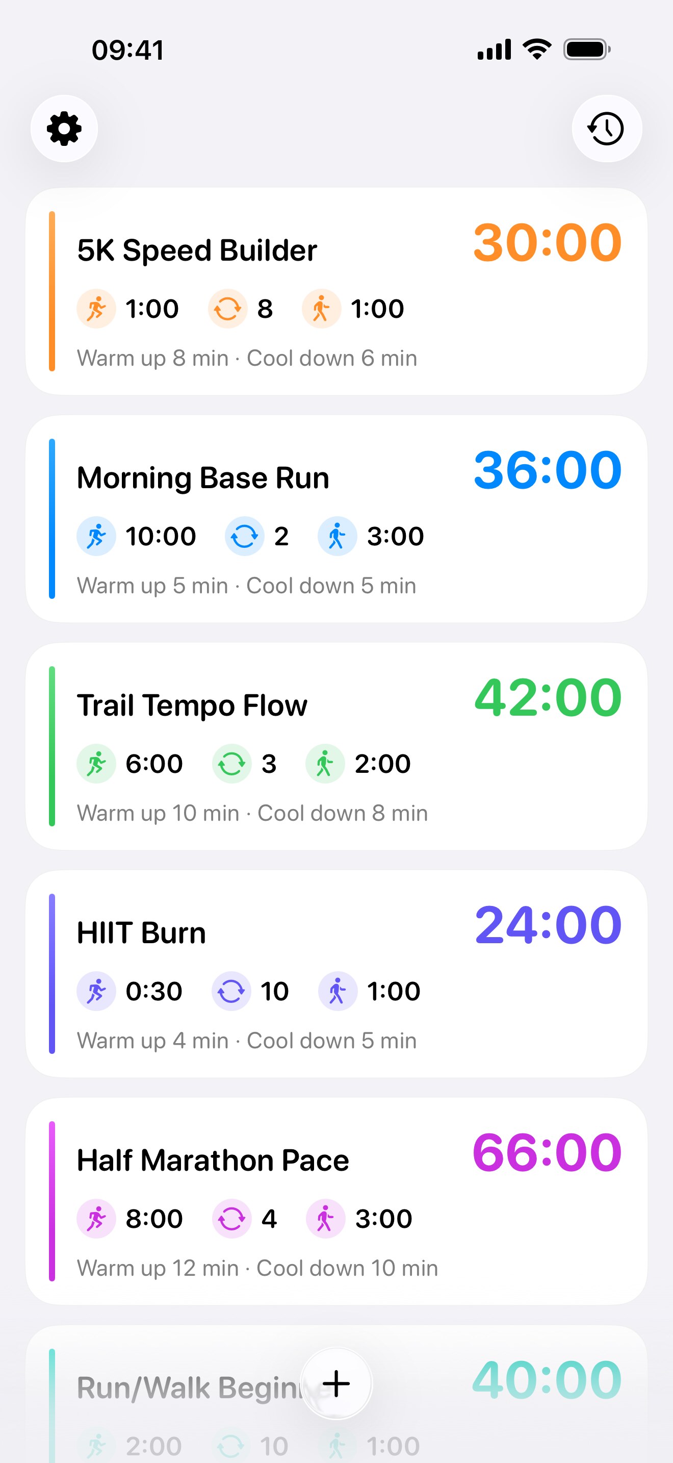 A colorful list of Interval Run workouts