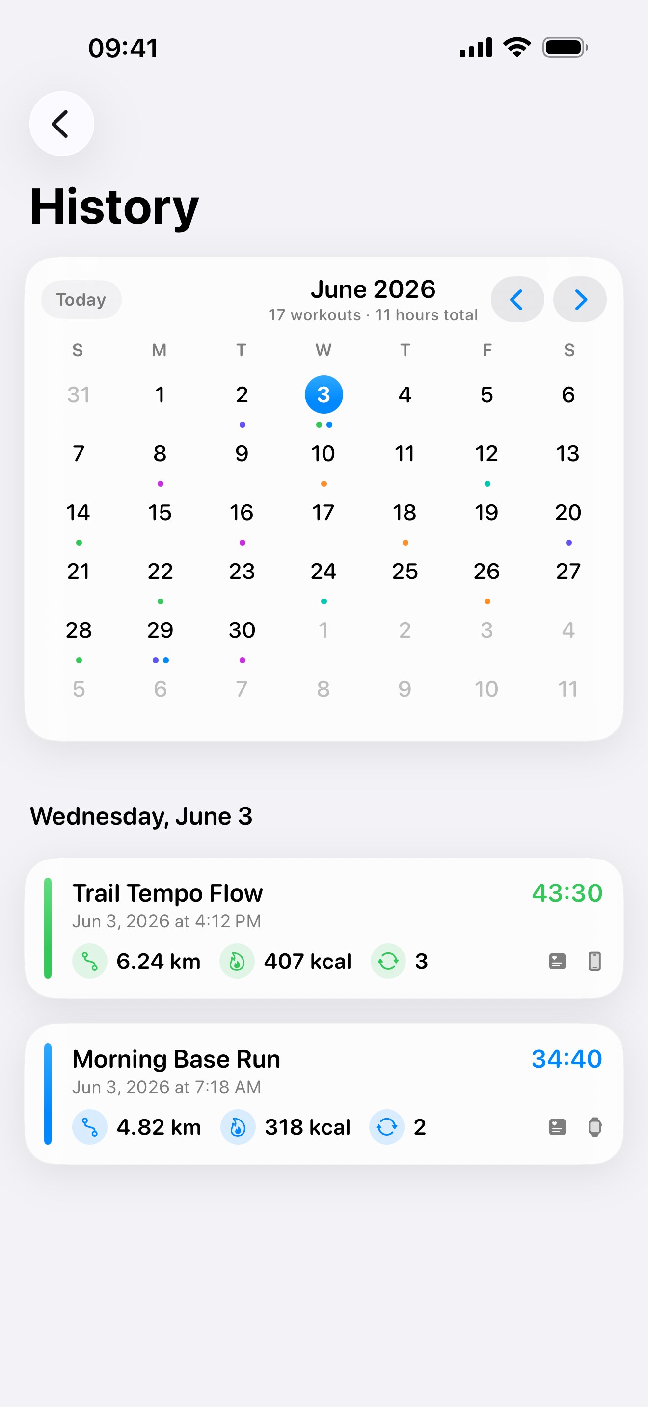Interval Run workout history and calendar