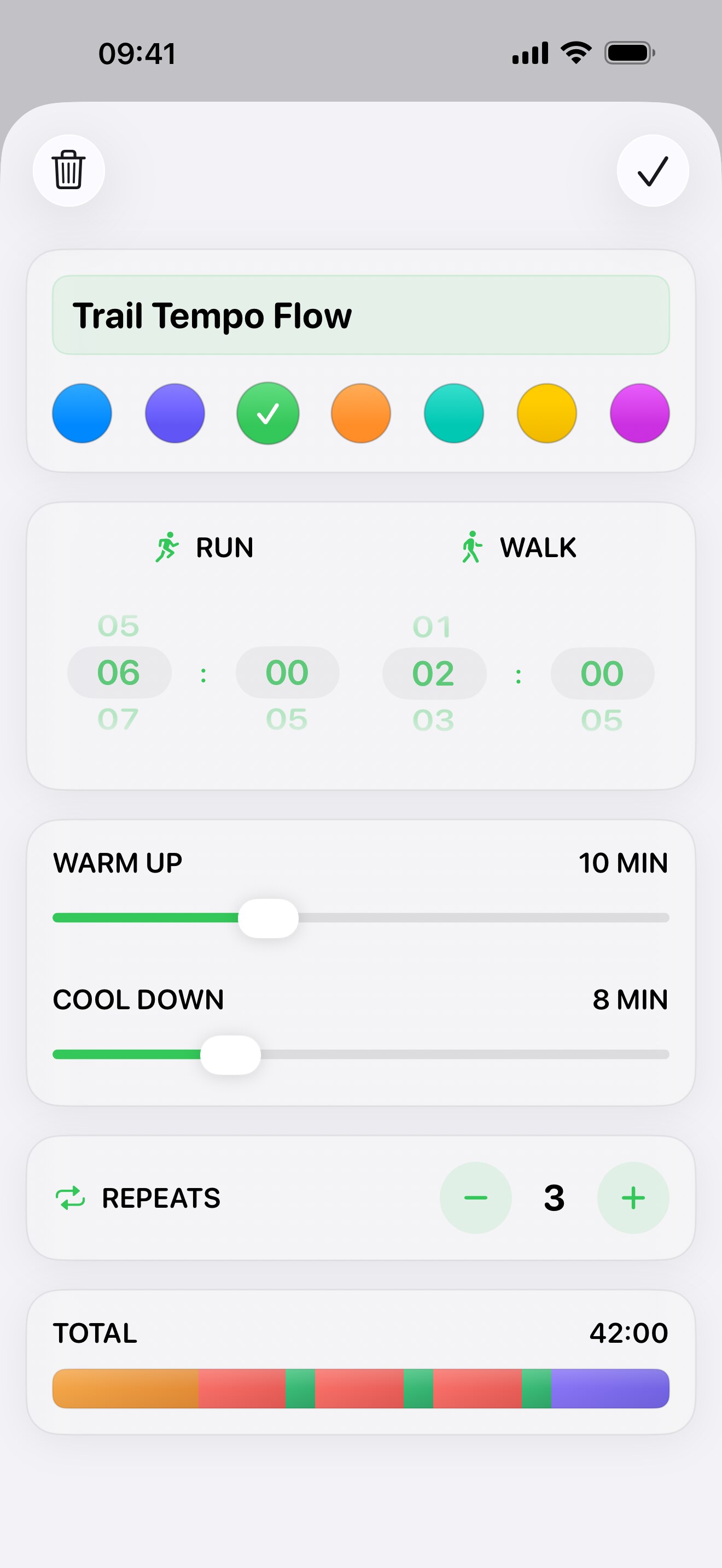 Interval Run workout editor