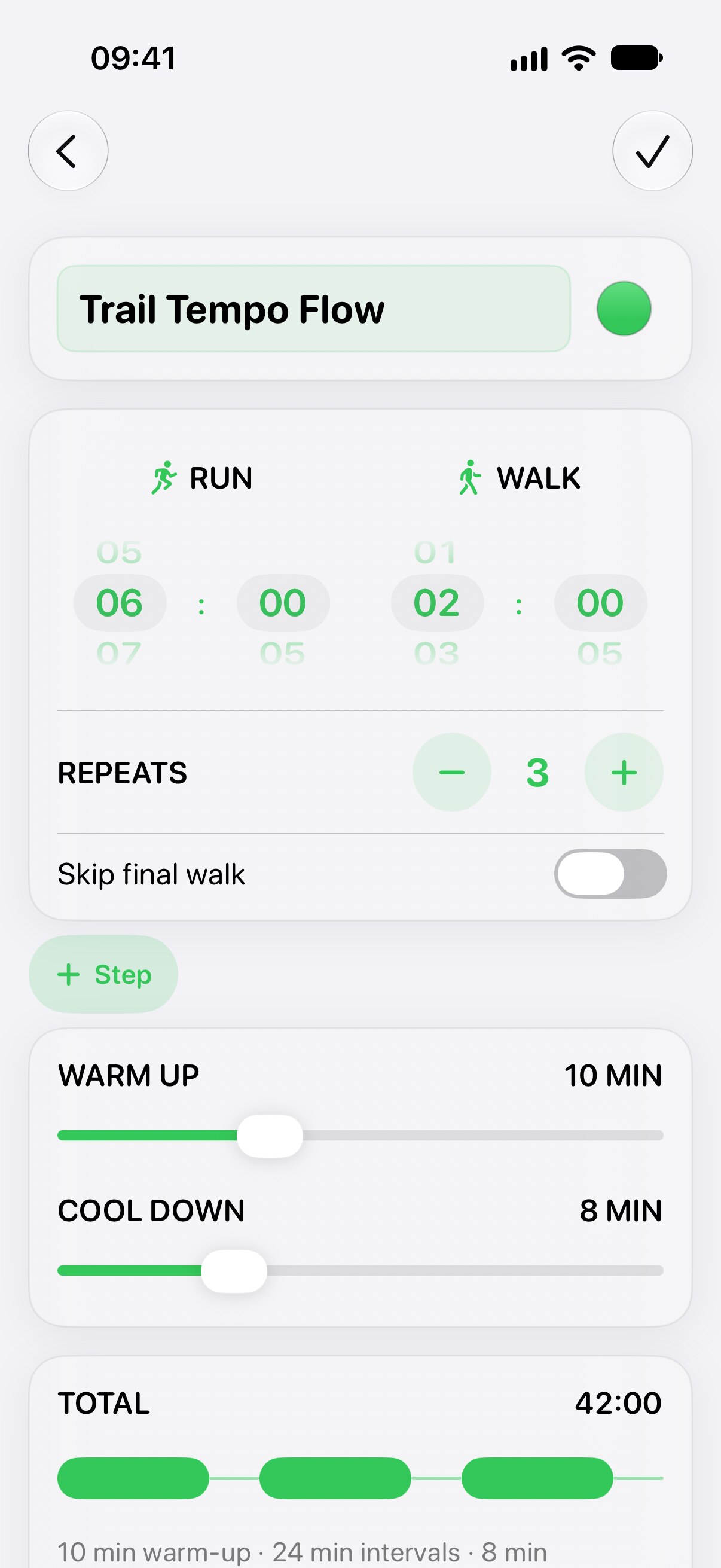 Simple editor for a run and walk workout