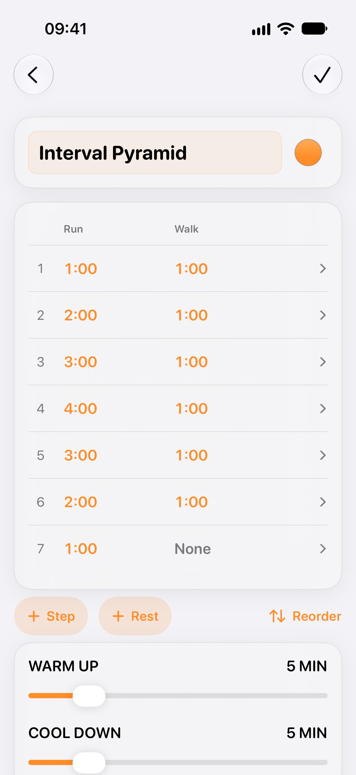 Advanced workout builder with a multi-step interval pyramid