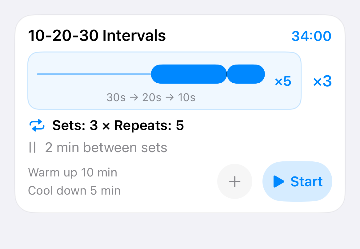 Interval Run app card showing the 10-20-30 Intervals workout and its timed structure