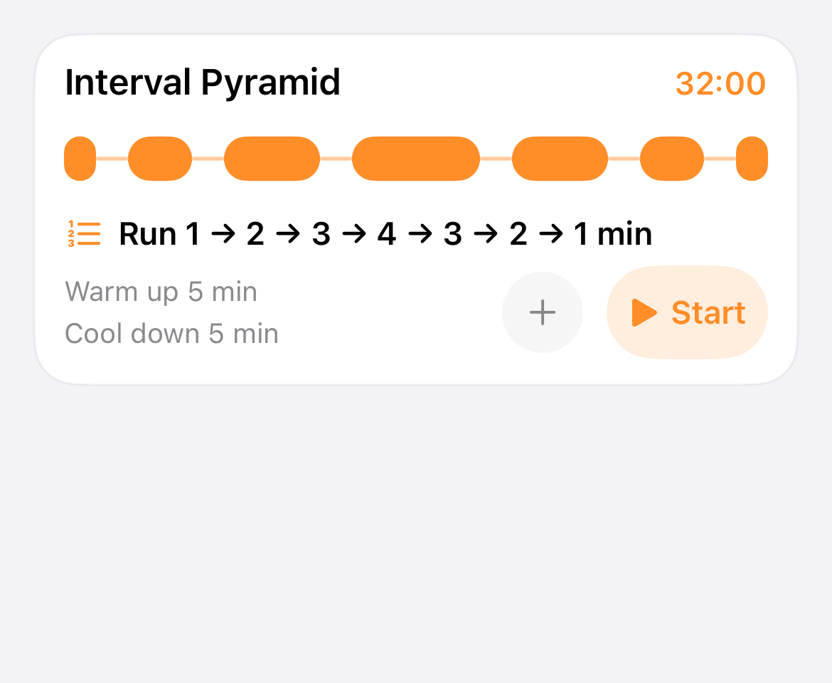 Interval Run app card showing the Interval Pyramid workout and its timed structure