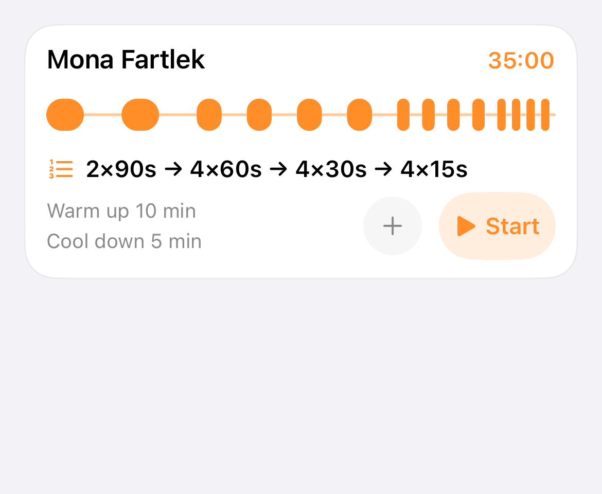 Interval Run app card showing the Mona Fartlek workout and its timed structure