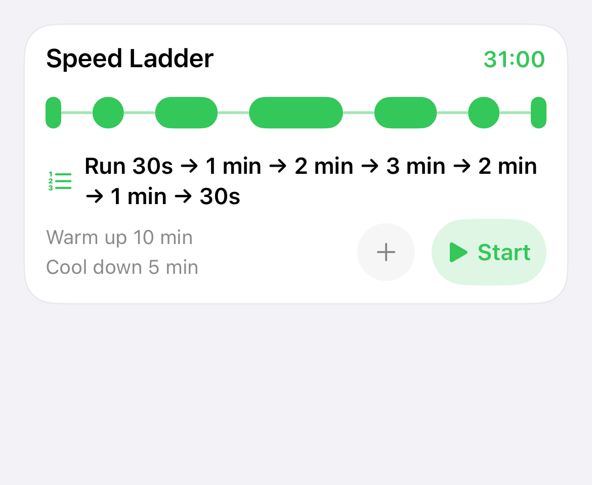 Interval Run app card showing the Speed Ladder workout and its timed structure