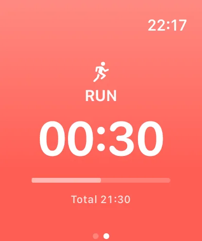 Voice-guided running interval active on Apple Watch
